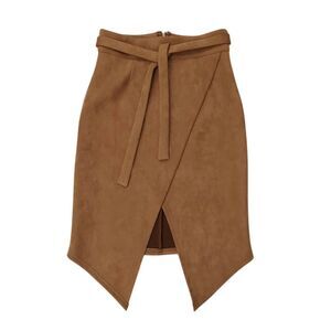 Nude Pencil Skirt Womens Large Brown Faux Suede Belt Knee Length Asymmetrical